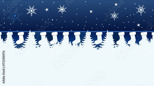 Enchanting Christmas Eve scene with stockings hung by snowy trees under a starry night sky, bringing festive cheer and holiday magic to any project