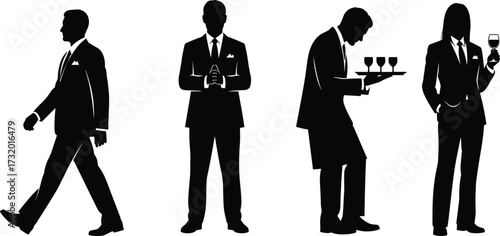 Elegant hospitality staff silhouettes in formal attire serving wine, walking, and posing—perfect for restaurant, event, and service industry themes.