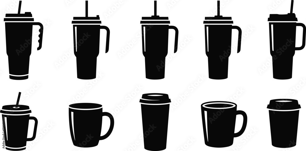 Fototapeta premium Set of Black Silhouette Travel Mugs and Cups Icons with Lids, Handles, Straws – Vector Drinkware Collection for Design Use