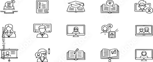 Learning Education line icon set. e learning, presentation, reading, online class icon vector.