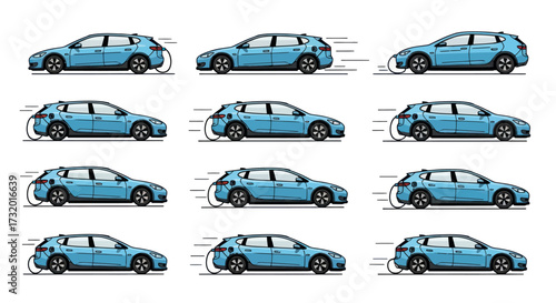 A sprite sheet animation set of a blue electric station wagon car driving and charging.