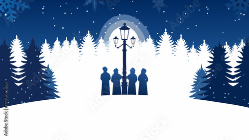 Silhouetted carolers gather under a lamppost on a snowy winter night, surrounded by festive pine trees and falling snowflakes, evoking holiday cheer