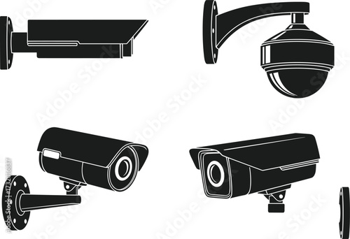 Set of surveillance security cameras in silhouette style showing various types—box, dome, bullet—mounted on wall brackets for monitoring.