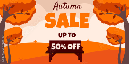 Autumn Sale. Vector illustration of Autumn landscape with wood bench and Sale typography. Perfect template design for Autumnal season Sale banner poster cover. EPS 10
