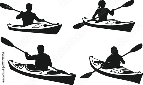 Silhouette vector set of people kayaking with paddles in various positions, outdoor water sport activity, black kayak illustration collection