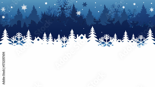 Whimsical white winter village silhouettes with festive snowflakes and pine trees against a gradient blue sky