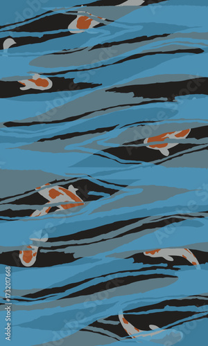 Japanese inspired pattern with hand drawn brush lines. Flowing water waves in blue tones with elegant koi fish, creating a tranquil artistic design.