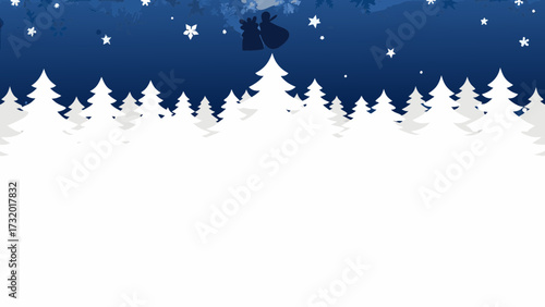 Enchanting winter forest scene with silhouette figures and falling snowflakes under a starry night sky creating a magical holiday ambiance