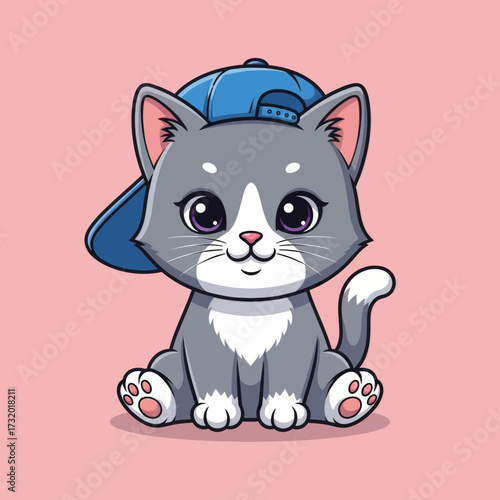 A cute cartoon grey kitten with big purple eyes wearing a blue baseball cap backwards on a pink background.