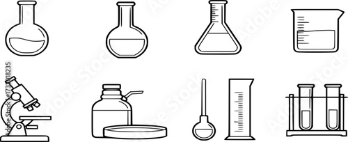 Laboratory glassware icon set. Chemistry or science research lab equipment Beaker, flask, test tube for microbiology outline vector
