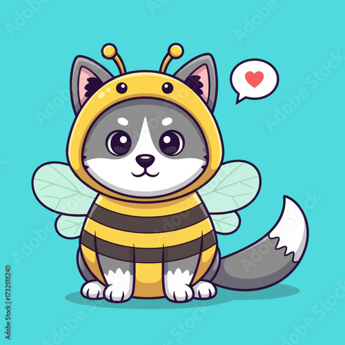 Cute cartoon puppy dressed in a yellow and black bumblebee costume with wings and antennae, sitting with a heart speech bubble.