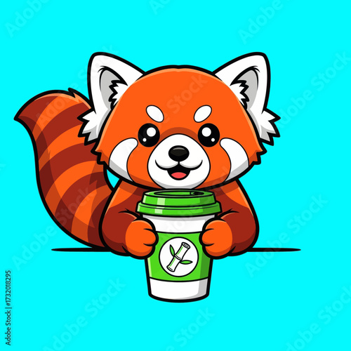 Cartoon red panda holding a green cup with bamboo design on a blue background.