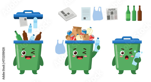Happy Green Recycling Bins with Sorted Recyclable Waste Items.