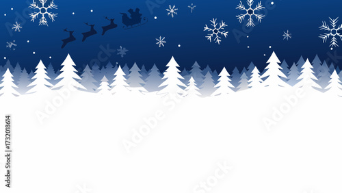Enchanting winter wonderland scene with Santa's sleigh flying over snowy forest, perfect for holiday greetings and seasonal designs, evoking festive cheer