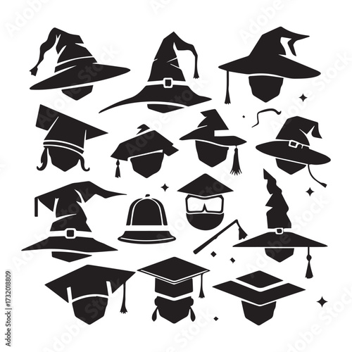 set of black various Teacher’s Hat vector silhouettes isolated on white background
