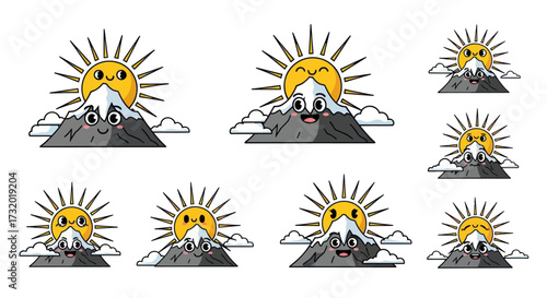 A collection of cartoon mountain and sun mascot characters with various emotional facial expressions isolated vector set.