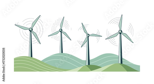Four wind turbines generating clean energy on rolling green hills.