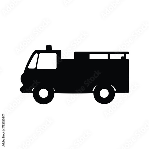 A black silhouette of a vintage fire engine on white background