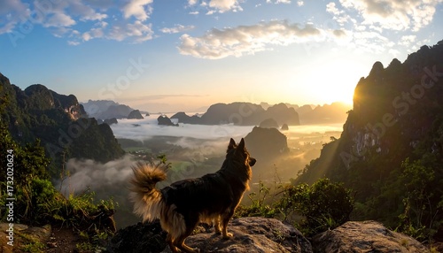 A dog stands on a cliff, gazing at a misty valley at dawn, mountains rising in the background, sun's rays