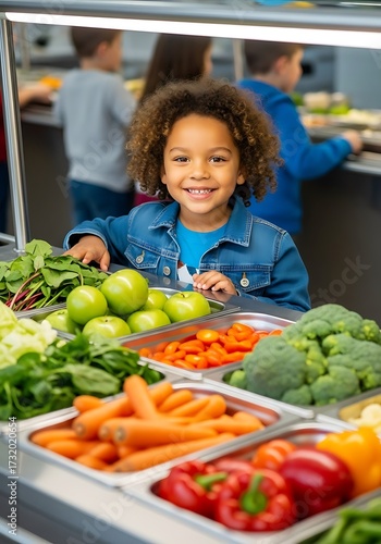 Young child at healthy food buffet smiling cafeteria