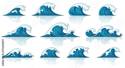Set of various blue ocean waves with white foam and reflections.