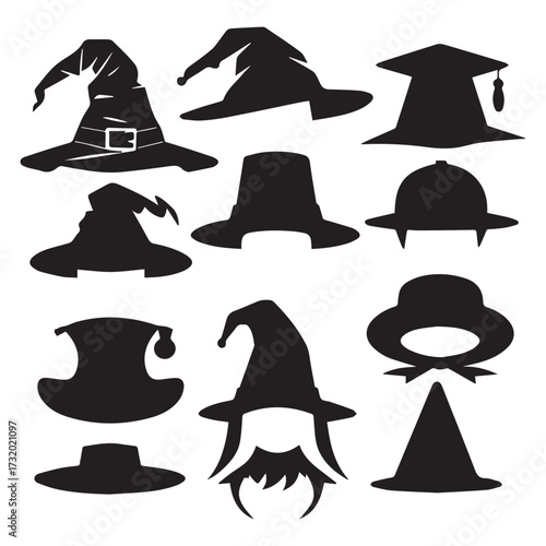 set of black various Teacher’s Hat vector silhouettes isolated on white background