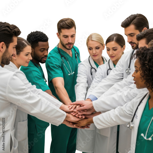 Diverse medical team huddle unity strength collaboration healthcare professionals together isolated on transparent background