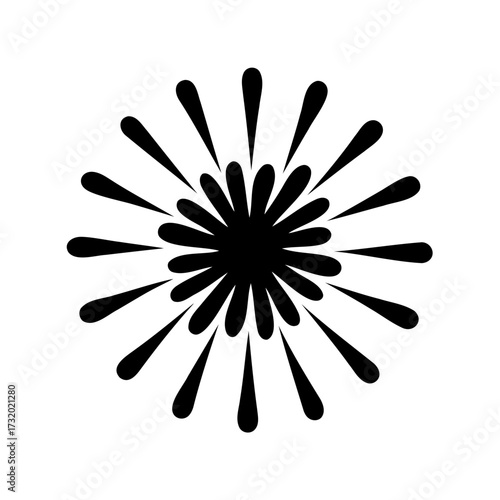 Symmetrical burst of black shapes emanating from a central point on white