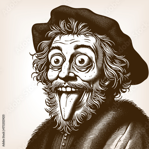 eccentric old man with wild hair, beard, and hat, sticking his tongue out comically sketch engraving generative ai fictional character vector illustration. Scratch board imitation. Black and white.