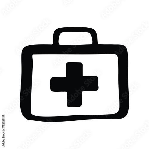 Black and white illustration of a first aid kit with a cross