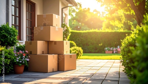 Cardboard boxes stacked on a patio near a house entrance, suggesting moving or unpacking, illuminated by sunlight