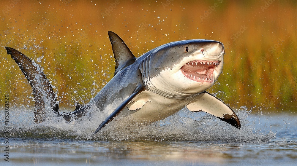 Fototapeta premium A shark is swimming in the water with its mouth open. The shark is in the middle of the water and is surrounded by ripples