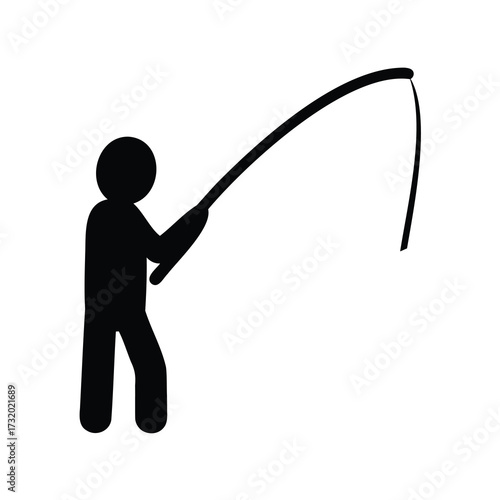 Stick figure fishing with a fishing rod and white background simple