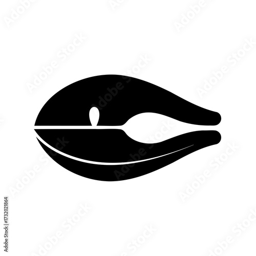 Fish steak silhouette icon illustration- Black silhouette of a sliced fish steak with visible rib pattern, isolated on white background, symbolizing seafood, cooking, and nutrition