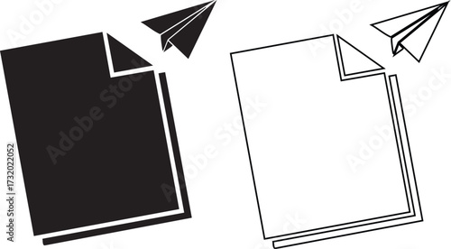 Hand made Paper documents with a paper airplane vector illustration in black and white simple flat design for business and communication concepts