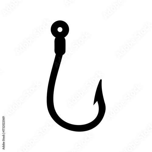 Simple fishing hook silhouette icon- Black silhouette of a single fishing hook isolated on white background, representing fishing, angling equipment, and outdoor sport activities