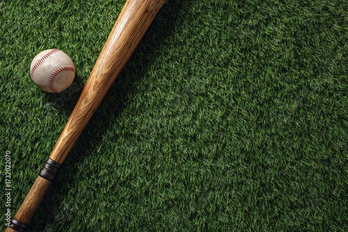 Baseball bat and ball rest on green turf. Overhead shot with copy space for sports themes