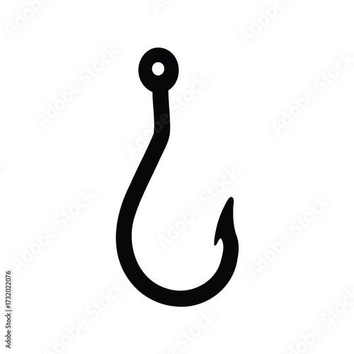 Simple fishing hook silhouette icon- Black silhouette of a single fishing hook isolated on white background, representing fishing, angling equipment, and outdoor sport activities