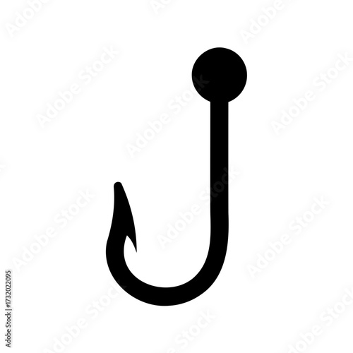 Simple fishing hook silhouette icon- Black silhouette of a single fishing hook isolated on white background, representing fishing, angling equipment, and outdoor sport activities