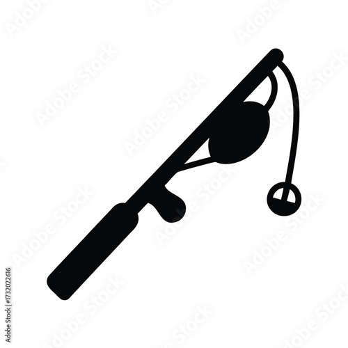 Fishing rod silhouette with reel icon- Black silhouette of a fishing rod with reel, isolated on white background, symbolizing fishing, angling equipment, and outdoor recreational activity
