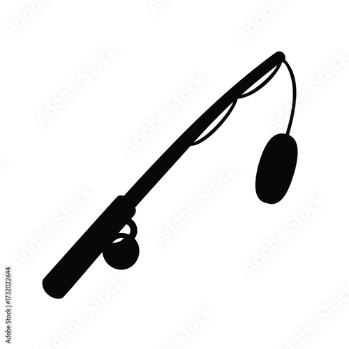 Fishing rod silhouette with reel icon- Black silhouette of a fishing rod with reel, isolated on white background, symbolizing fishing, angling equipment, and outdoor recreational activity
