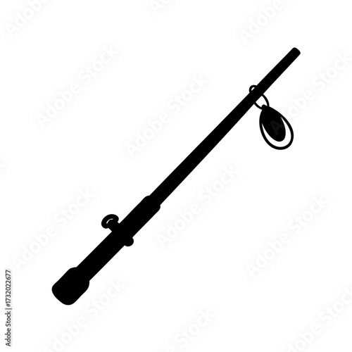 Fishing rod silhouette with reel icon- Black silhouette of a fishing rod with reel, isolated on white background, symbolizing fishing, angling equipment, and outdoor recreational activity
