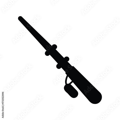 Fishing rod silhouette with reel icon- Black silhouette of a fishing rod with reel, isolated on white background, symbolizing fishing, angling equipment, and outdoor recreational activity
