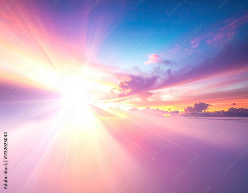 Naklejka premium Vibrant sunset, sun rays, dramatic clouds