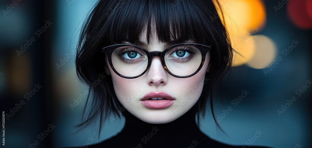 Obraz premium A woman with short hair and glasses is wearing a black shirt. She has a bright smile and is looking directly at the camera