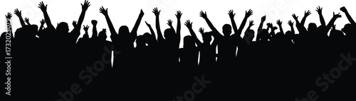 Silhouette of cheering crowd with raised hands, music concert audience, festival celebration, party energy, happy people group, entertainment background