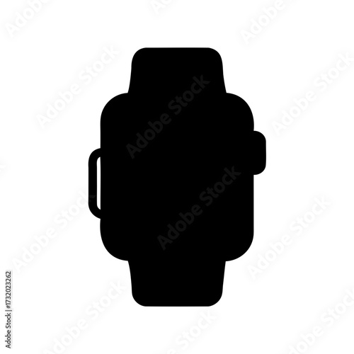 Smartwatch silhouette icon isolated on white- Minimal black silhouette icon of a modern smartwatch with rectangular screen and strap, isolated on white background for design use