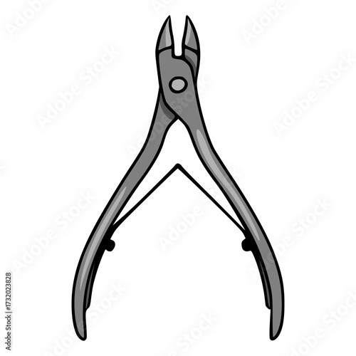 A clean, minimalist vector illustration of a single cuticle nipper tool with sharp blades and a spring mechanism, rendered in grayscale with bold black outlines, ideal for beauty or cosmetic servic...