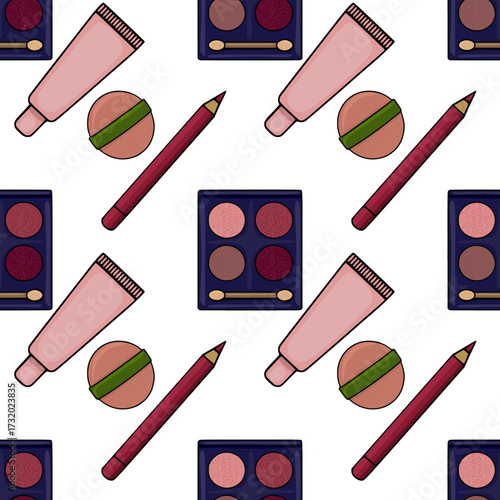 Seamless vector pattern featuring a collection of makeup essentials including eye shadow palettes, a cosmetic tube, a powder puff, and an eyeliner pencil, rendered in a charming, flat illustration...