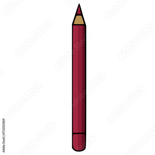 A simple vector illustration of a deep red lip pencil with a sharpened tip and a golden brown wood casing, set against a clean white background.